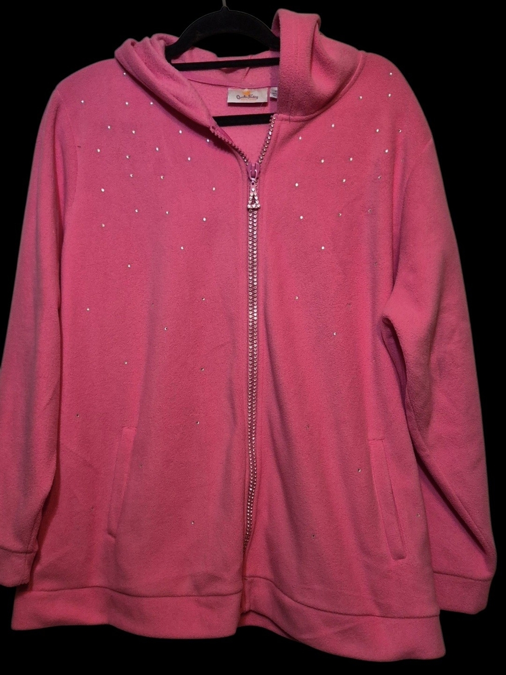 Quacker Factory Hot Pink Hooded Zip-Up Jacket with Rhinestones